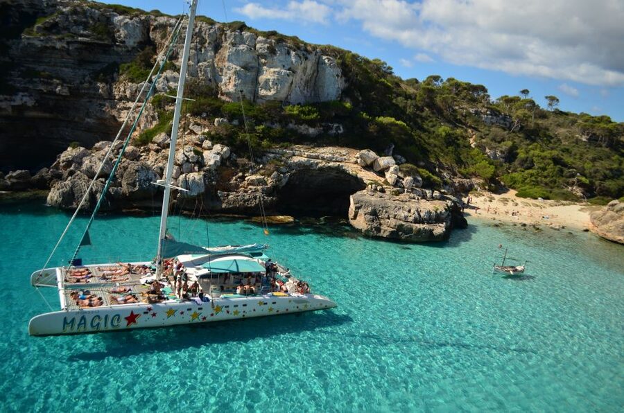 From Colònia de San Jordi : Catamaran Cruise to Es Trenc - The first anchorage: swim, snorkel, or stay on deck